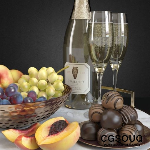 Champagne and Fruit Set 3D model (4)