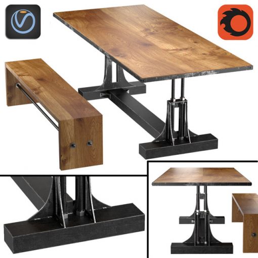 Post Industrial Table and Bench 3D Model
