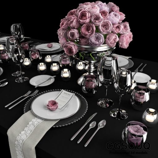 Table setting with roses tableware 3D model 4